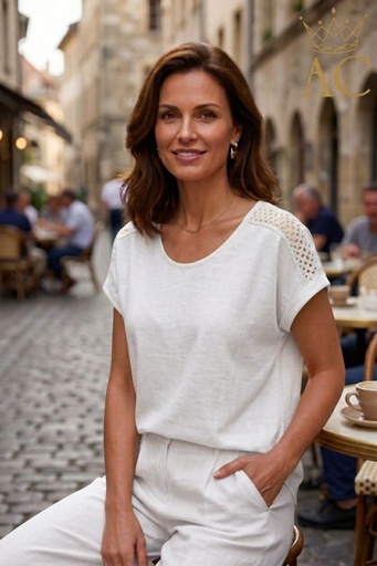 [201726] T-shirt Nissrin nm95 col rond ajouré manches en crochet