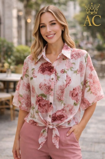 [201739] Blouse Nira nm85 floral print nacré buttoned through
