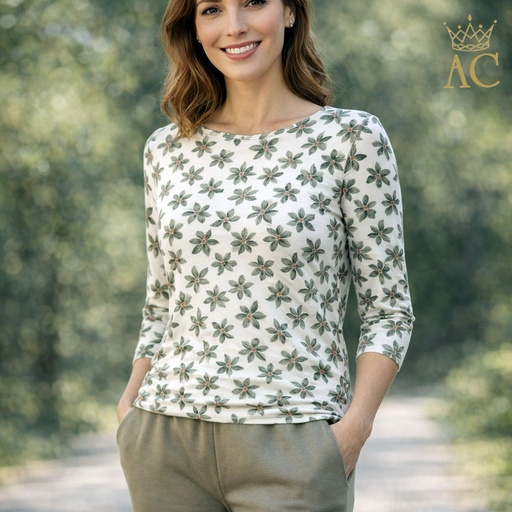 [201759] T-shirt Omair imprimé marguerite col ouvert manches mi-longues