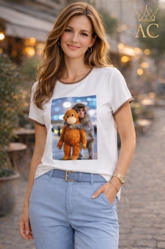 [201799] T-shirt Nesibe nm95 jersey border overlay print monkey cuddle