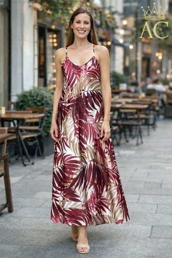 [201817] Robe longue en satin Ouanis imprimé feuilles de palmier, bretelles sphagette A-line
