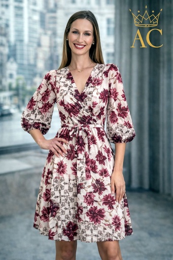 [201821] Ottelein nm38 floral crêpe léger croisé col V ¾ manche bouffante jupe cloche
