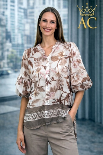 [201823] Blouse Ouke nm85 gebloemd tencel gepofte manchet Tunesische kraag nacré doorgeknoopt