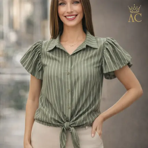 [201829] Blouse Sienna nm72 tencel pofmouw krijtstreep doorgeknoopt taillestrik l