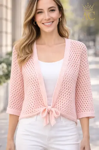 [201830] Cardigan Safouan zacht los gehaakt met strikdetail en halflange mouw