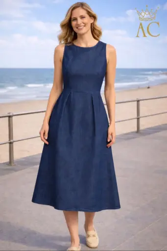 [201833] Robe Selena nm65 jupe cloche en jean sans manches haut ajusté plis à la taille