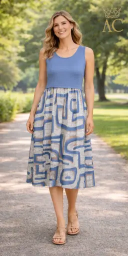 [201836] Robe Suzanne up jersey viscose jupe cloche imprimé labyrinthe sans manches
