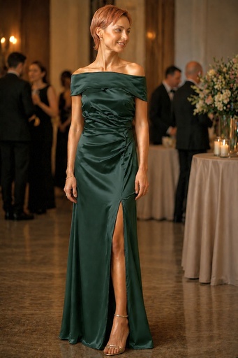 [201840] Long cocktail dress Omario crossed V-neck wide shoulder strap side pleats deep slit heavy satin
