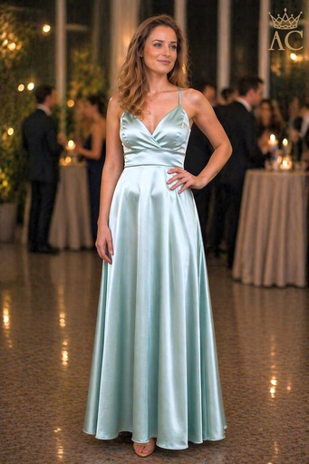 [201842] Long coctail dress Oday V overlap spaghetti straps open back extra wide bell skirt