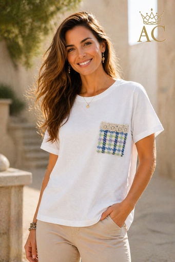 [201852] T-shirt Oluwatobi nm95 poche poitrine en fil clouté encolure ronde