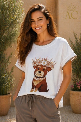 [201863] T-shirt Ounaysa nm95 hond bloemenkroon halssnoer pootkrans  tricot gegolfde boord