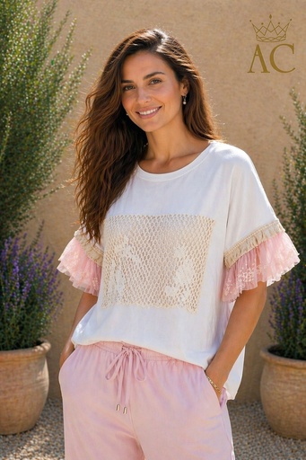 [201865] T-shirt Ojas nm95 ajour tissu mesh sur la poitrine fleurs brodées manches volantes tissu mesh
