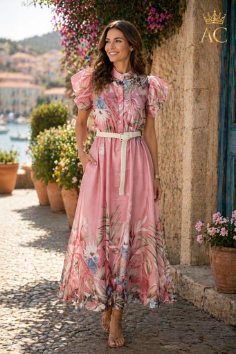 [201880] Long summer dress Onayssa nm85 floral tencel butterfly sleeve Tunisian collar braided waist belt