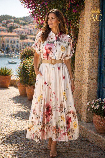 [201881] Ozgur nm85 gebloemd kraag nacré knopen raffia riem