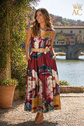 [201882] Summer dress Ophira nm98 ponte vecchio bell skirt raffia belt