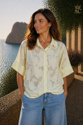 [201906] Blouse Salma semi-transparent floral jacquard buttoned through wide short sleeve shirt collar
