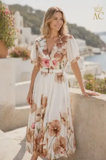 [201911] Dress Selma nm45 botanical top and skirt with poppies and butterflies waist belt v-neck short sleeve ankle length