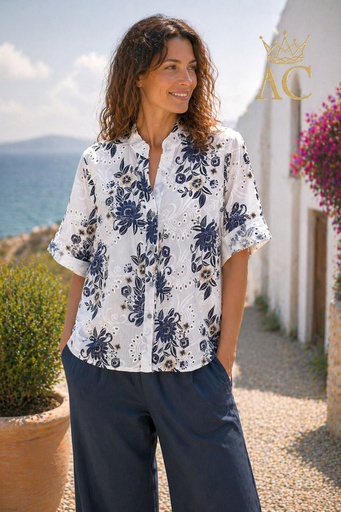 [201950] Blouse Osaze nm100 ajour brodé col tunisien taille bouton
