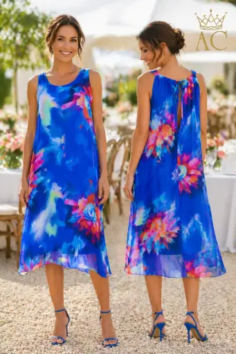 [201959] Sleeveless dress Sebas nm83 silk tie die blurred floral with underdress back slit with frilled bow