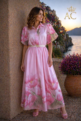 [201979] Robe longue tencel imprimé floral taille fendue