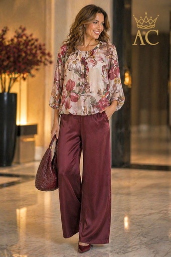 [201984] Blouse Omra nm48 tulle floral lined open neck 2 jump pleats puffed hem
