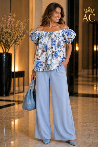 [201985] Blouse Osric nm100 off shoulder gebloemd katoen pofmouw