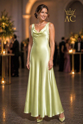 [202001] Robe de cocktail longue Ossama col drapé devant et dos jupe cloche satin lourd