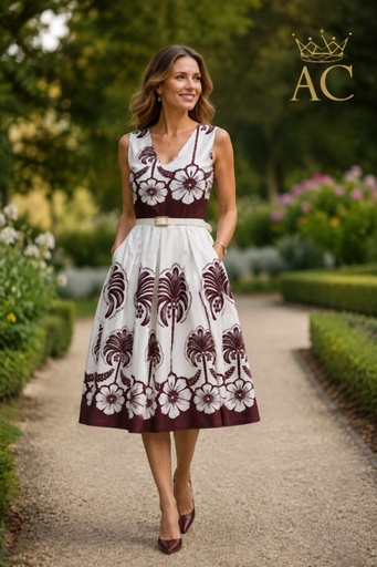 [202046] Jurk Sylvie nm100 palmbomen en hibiscus v-hals klokrok ecolederen riem