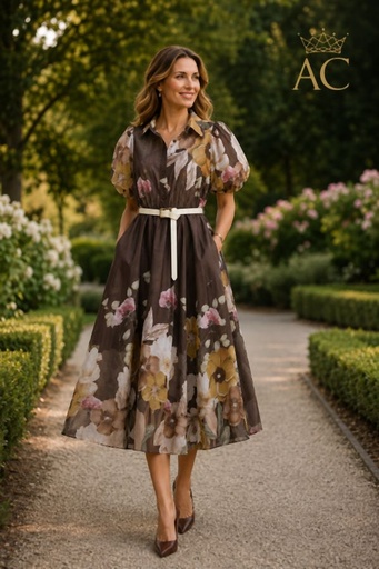 [202047] Robe Sky nm97 tencel manches bouffantes encolure anémones taille élastique et ceinture en éco-cuir doublée