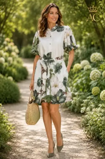 [202050] Robe courte Sascha nm90 col tunisien manche bouffante clématite ruban percé taille