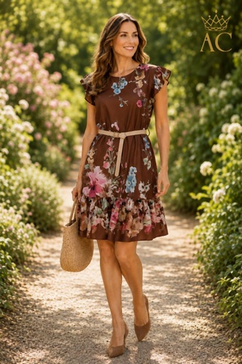 [202051] Korte jurk Sabine nm100 volantrand korte kapmouw wilde bloemen ronde hals ecolederen riem