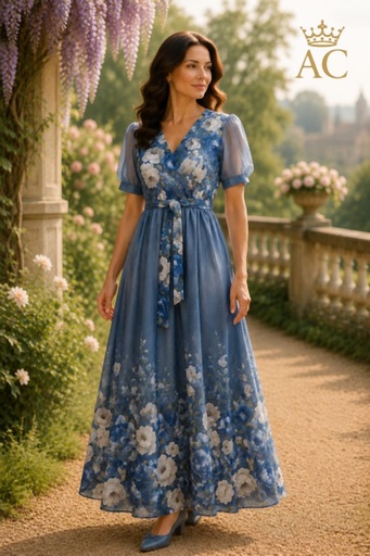 [202062] Robe longue Sieb nm90 tencel jupe cloche roses et pivoines col en v noeud à la taille