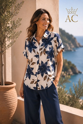 [202072] Blouse Oumniyah nm87 gebloemd licht gefronst korte mouw  in viscose