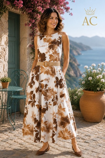 [202080] Long dress Oubaidah nm100 abstract flowers Egyptian cotton raffia belt