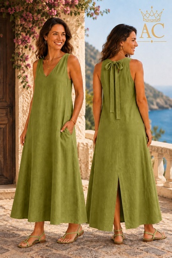 [202150] Long linen dress Olea nm100 V-neck wide brace back split laced on back and knotted