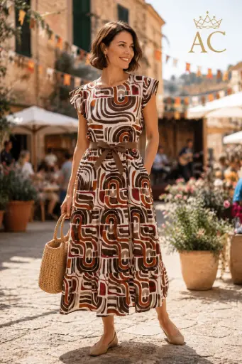 [202159] Dress Sammy nm100 cotton bell skirt layered flounces geometric retro print