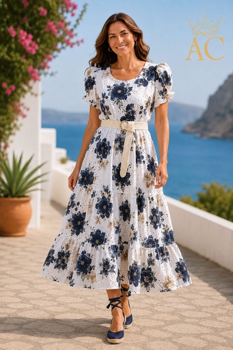 [202169] Long summer dress Olea nm100 ajour embroidered floral cotton open neck and 2 stage bell skirt