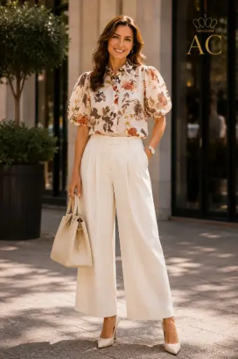 [202187] Blouse Susanne nm85 tencel botanische print gepofte mouw kraag en doorgeknoopt
