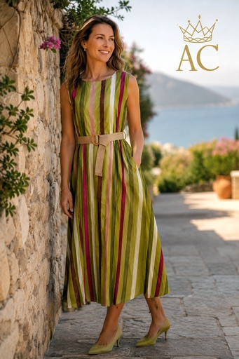 [202193] Omoyewmen nm85, rayures larges, tencel, encolure dégagée, ceinture en raphia