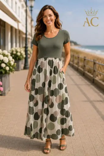 [202201] Maxi jurk Serra nm95 klokrok bollenprint korte mouw aansluitende top