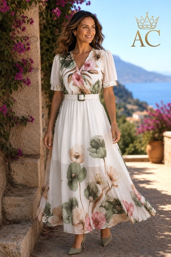 [202204] Robe longue Osayuware, taille 44 XL, imprimé anémones et corsage plissé 