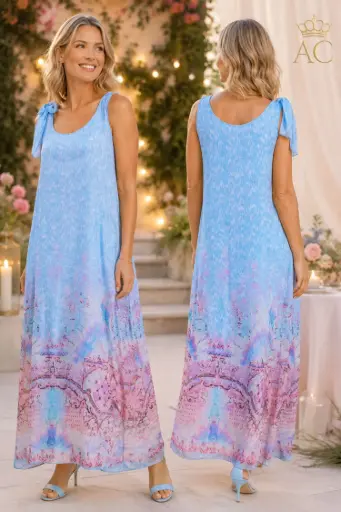 [202216] Jurk Sien nm98 romantische barok-zoom met tie-dye bovenstuk knoopdetail op rechterschouder ronde hals onderjurk