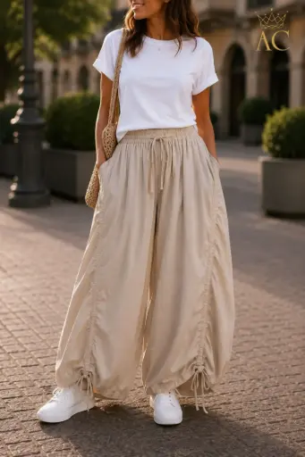[202221] Pantalon Shirley nm100, coupe ballon, en coton, jambes larges, taille élastiquée, cordon de serrage à la taille et aux jambes