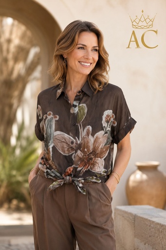 [202224] Blouse Osayamen nm85 XL à motif floral et feuillage, nouée à la taille
