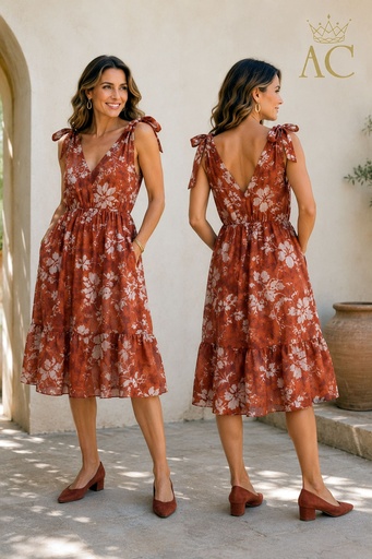 [202228] Osauwa nm92 Tencel Floral Dress with V-neck and Shoulder Bow