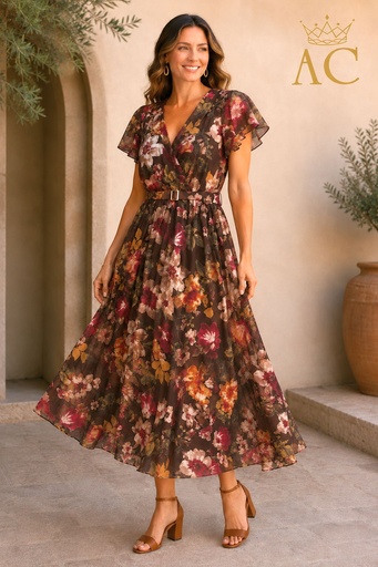 [202229] Osasojie nm92 Long Tencel Dress with Floral Print, Crossed V-Neck, and Flounce Sleeves
