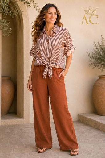 [202231] Blouse Orphinio nm85 Tencel gelijnd bloemboeket tailleknoop