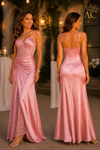 [202235] Robe longue Osas en satin épais et dentelle, nouée sur le côté droit de la taille, avec des bonnets froncés