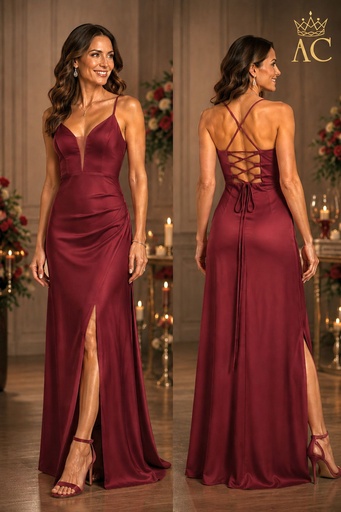 [202236] Robe longue en satin Osarumwense, satin épais, 3 plis, couture sur le côté gauche, bretelles croisées dans le dos
