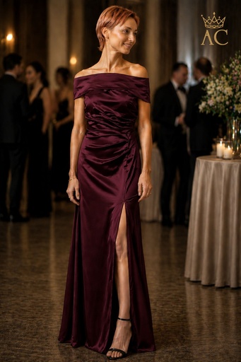 [202260] Robe de cocktail longue « Tess » : encolure en V croisée, larges bretelles, épaules dénudées, plis sur les côtés, fente profonde, satin épais